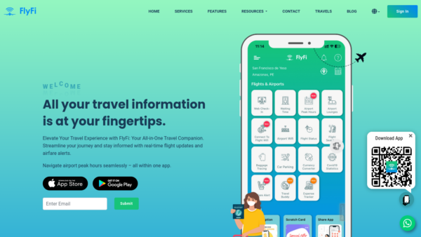 FlyFi Travel App Website Screenshot