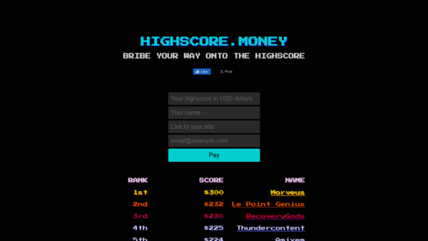 HIGHSCORE.MONEY Website Screenshot